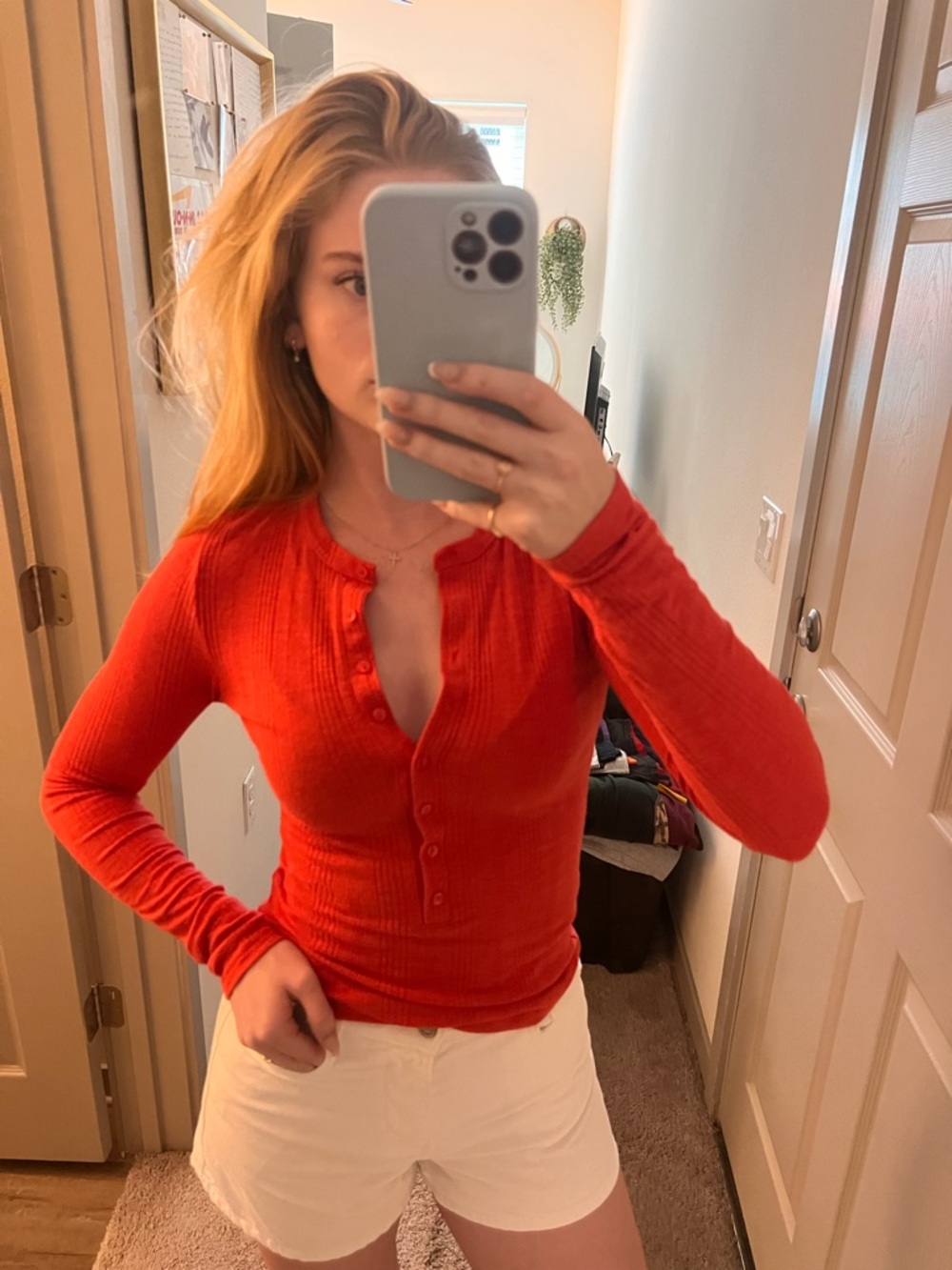 American Eagle Outfitters Red Ribbed Henley Long-Sleeve Top